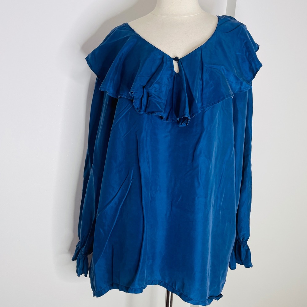 Royal Blue Ruffle Collar Silk Blouse Long Sleeve Victorian Keyhole Top